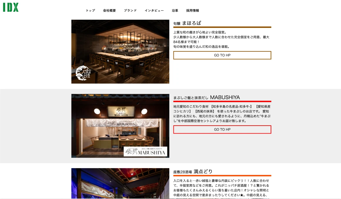 IDXブランドページに掲載された飲食事業の店舗一覧