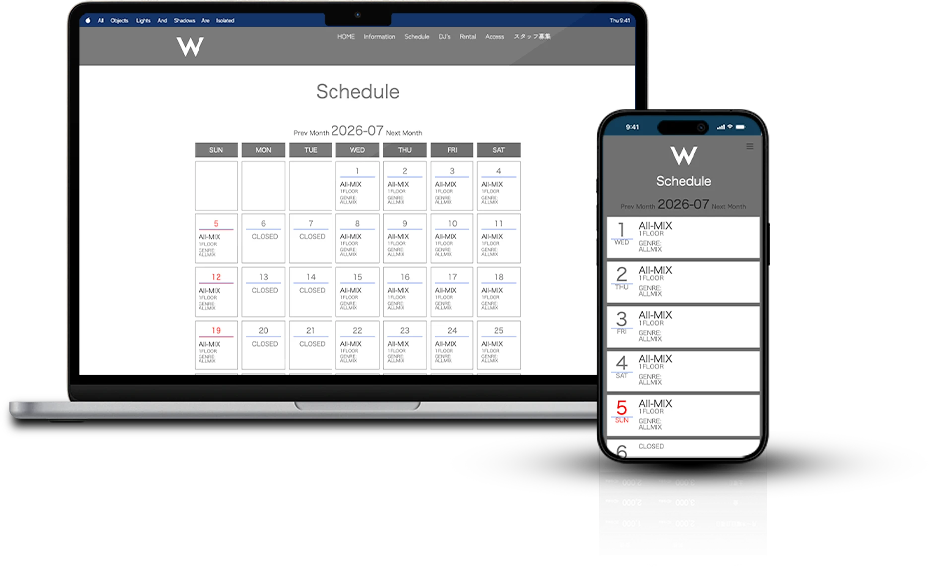 clubWのスケジュールページを表示したPCとスマートフォンのモックアップ